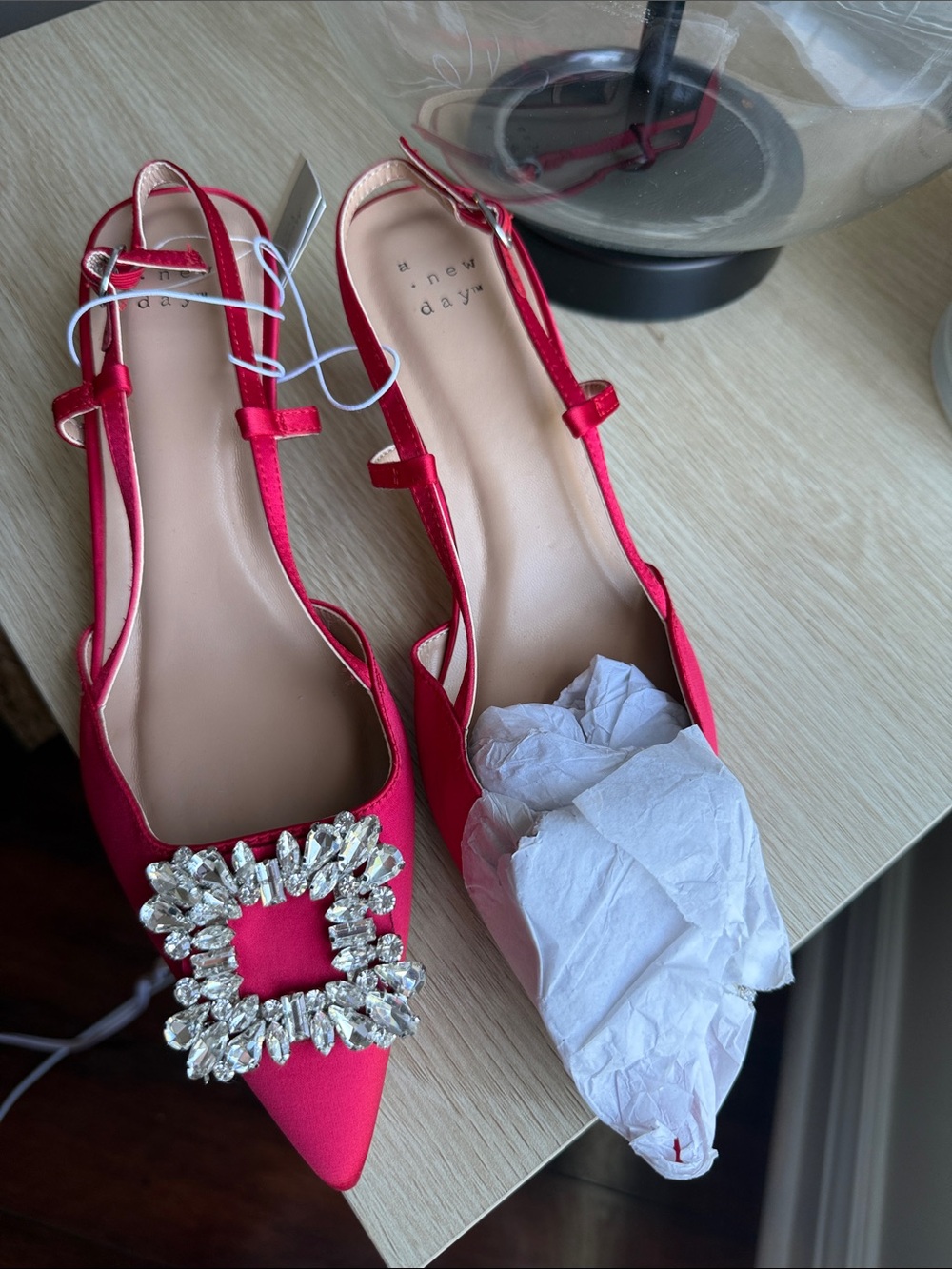 a new day Red Pointed Toe Slingback Heels with Crystal Buckle